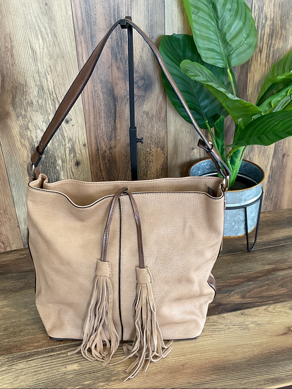 Moda Luxe Beige Tassel Drawstring Shoulder Bag Tote